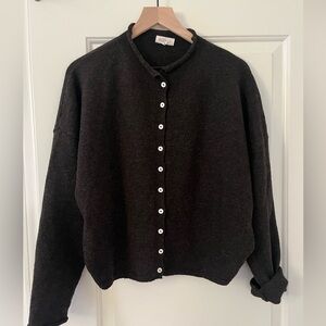 Brown button up roll sweater with iridescent White Buttons